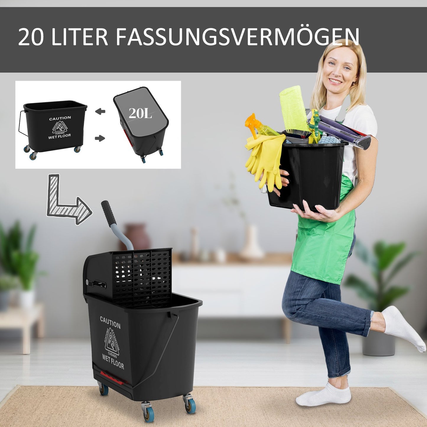 Cleaning trolley with 20L Double chamber buckets - Black
