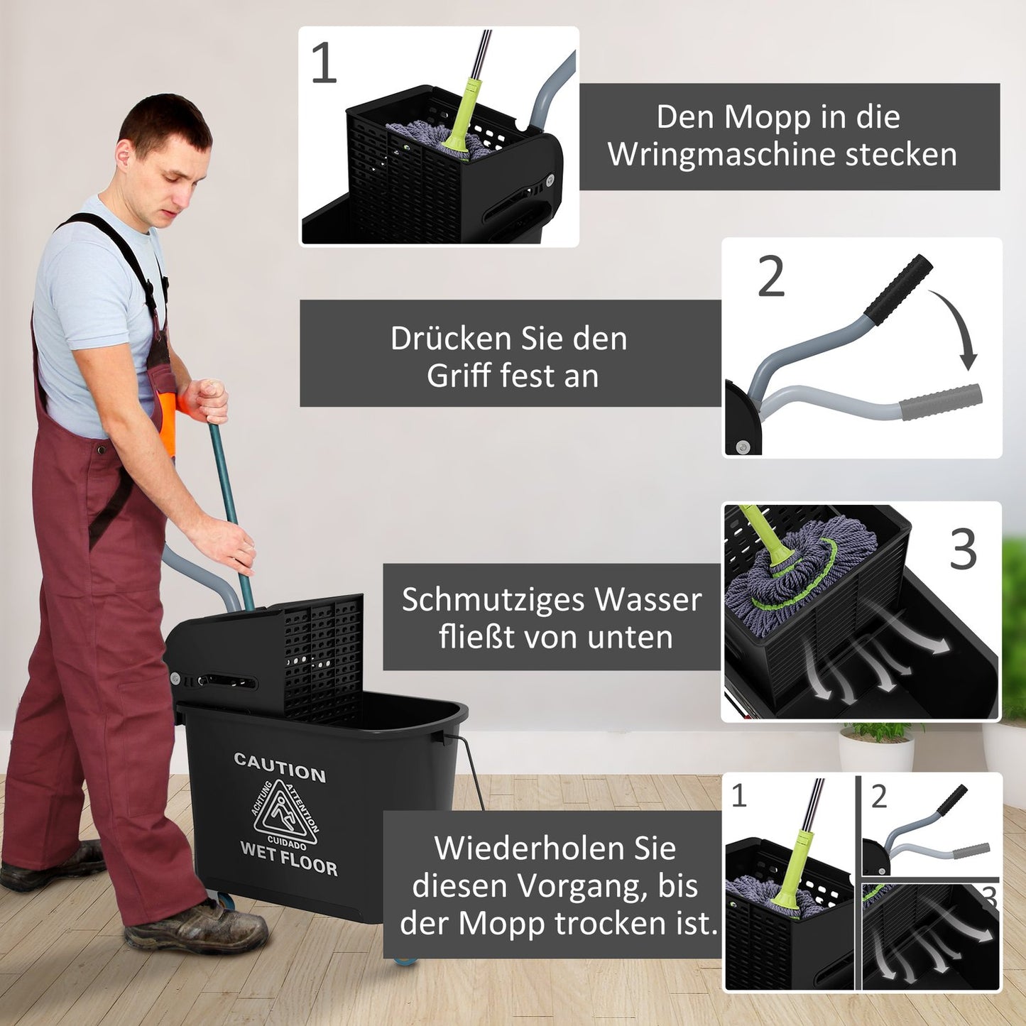 Cleaning trolley with 20L Double chamber buckets - Black
