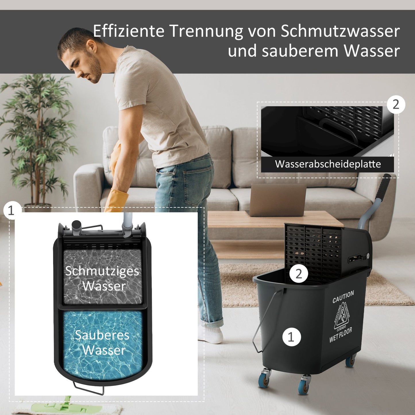 Cleaning trolley with 20L Double chamber buckets - Black