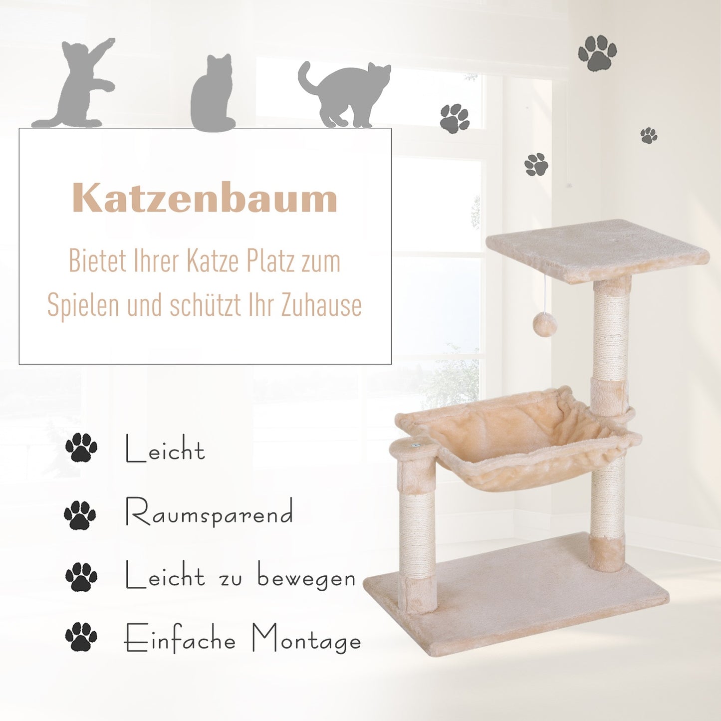 Cat tree scratching post with sisal and plush hammock 50cm