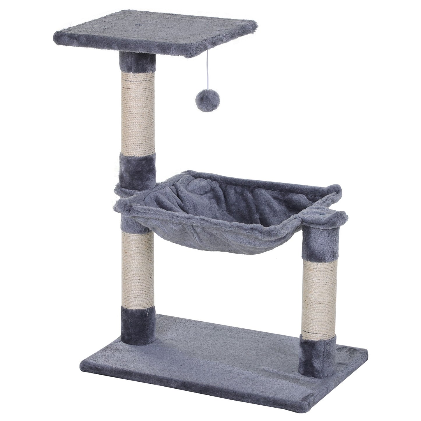 Gray cat tree with sisal scratching post and plush hammock