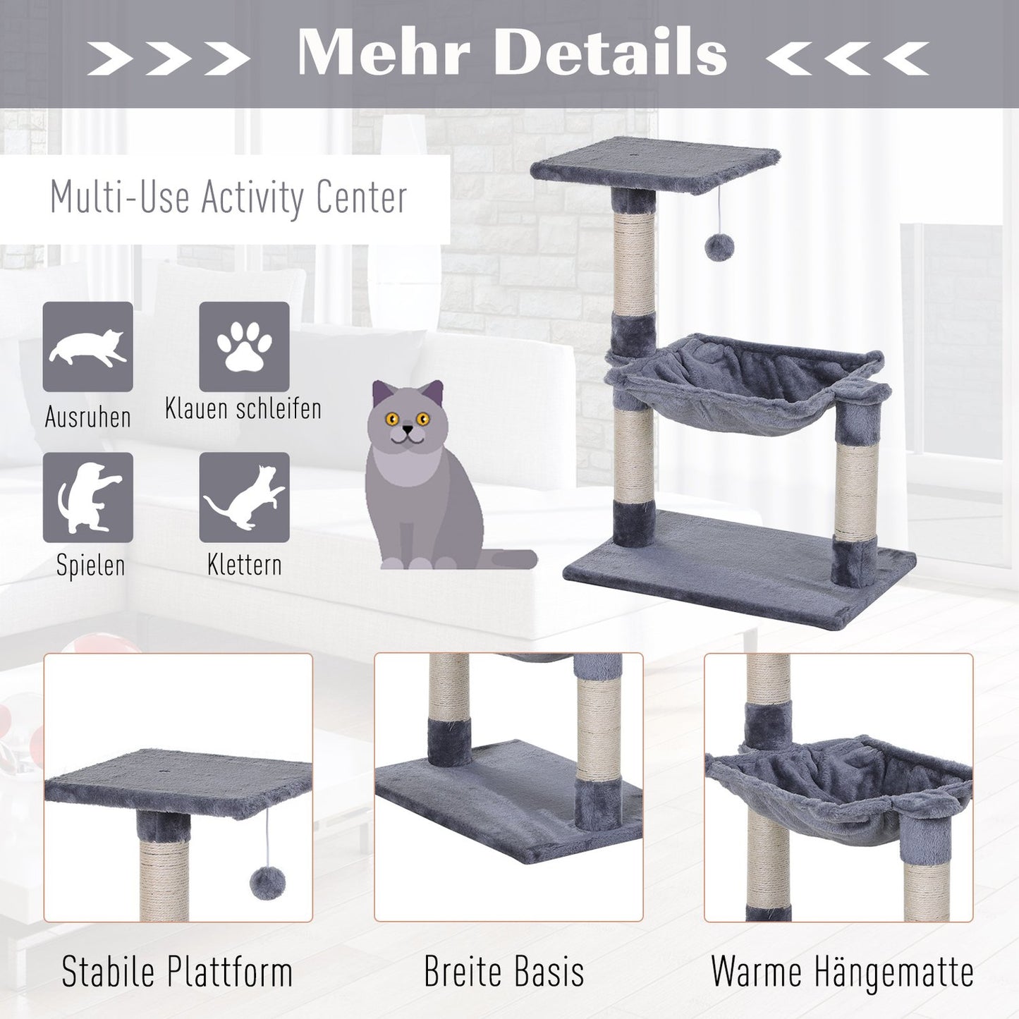 Gray cat tree with sisal scratching post and plush hammock