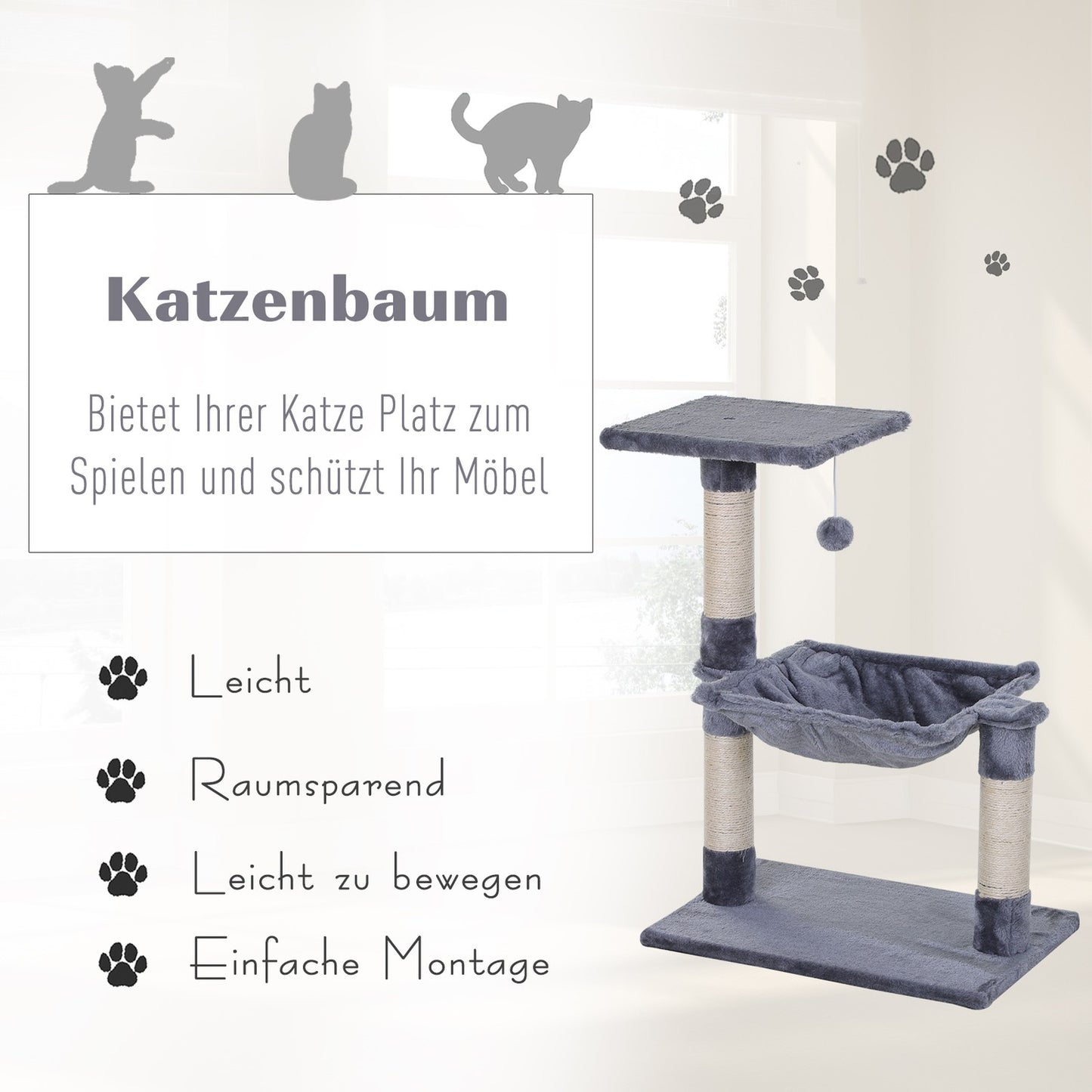 Gray cat tree with sisal scratching post and plush hammock