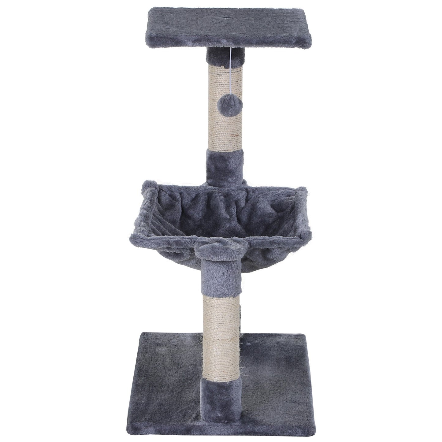 Gray cat tree with sisal scratching post and plush hammock