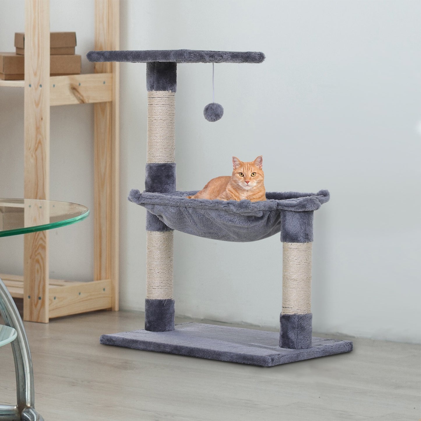Gray cat tree with sisal scratching post and plush hammock