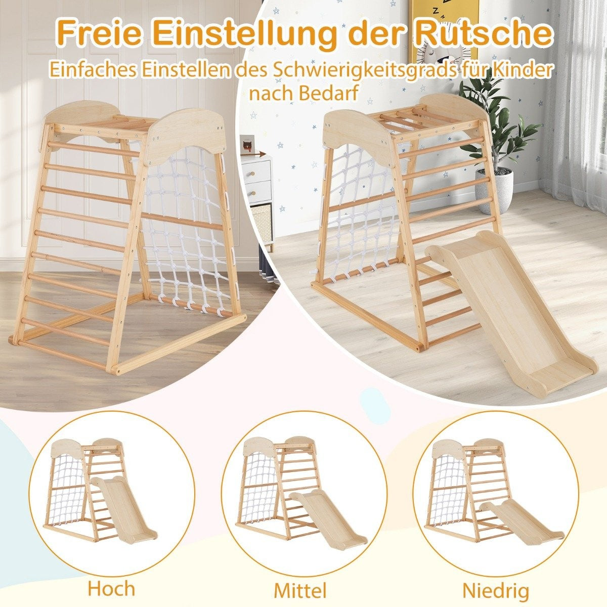 Climbing frame indoor 6 in 1 pull up bar & slide & climbing rocks & climbing net natural