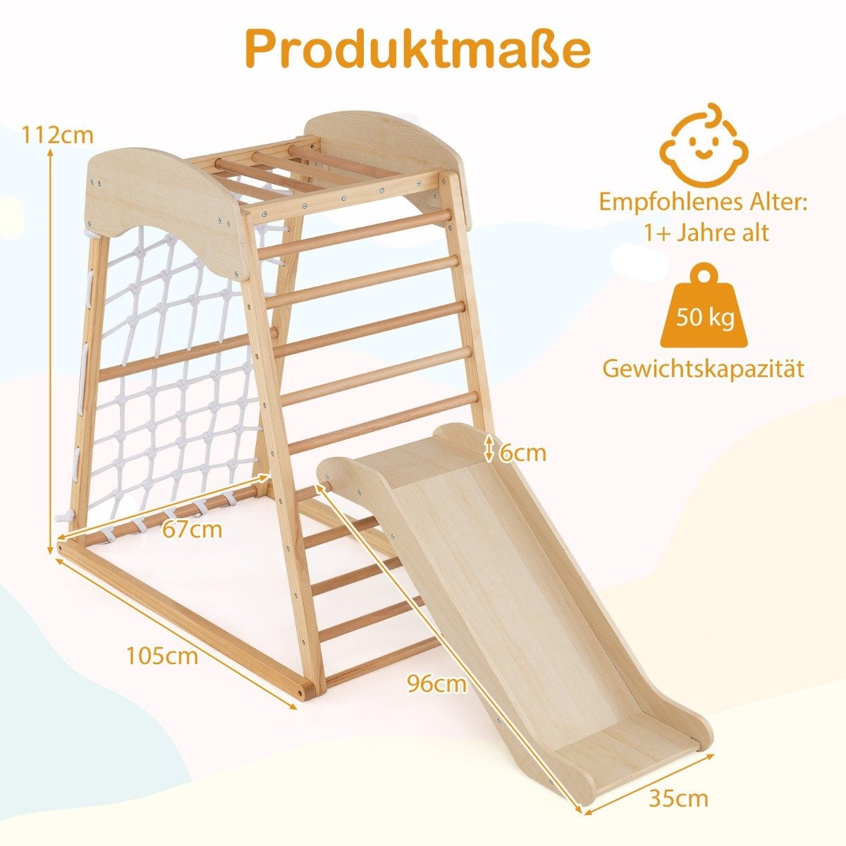 Climbing frame indoor 6 in 1 pull up bar & slide & climbing rocks & climbing net natural