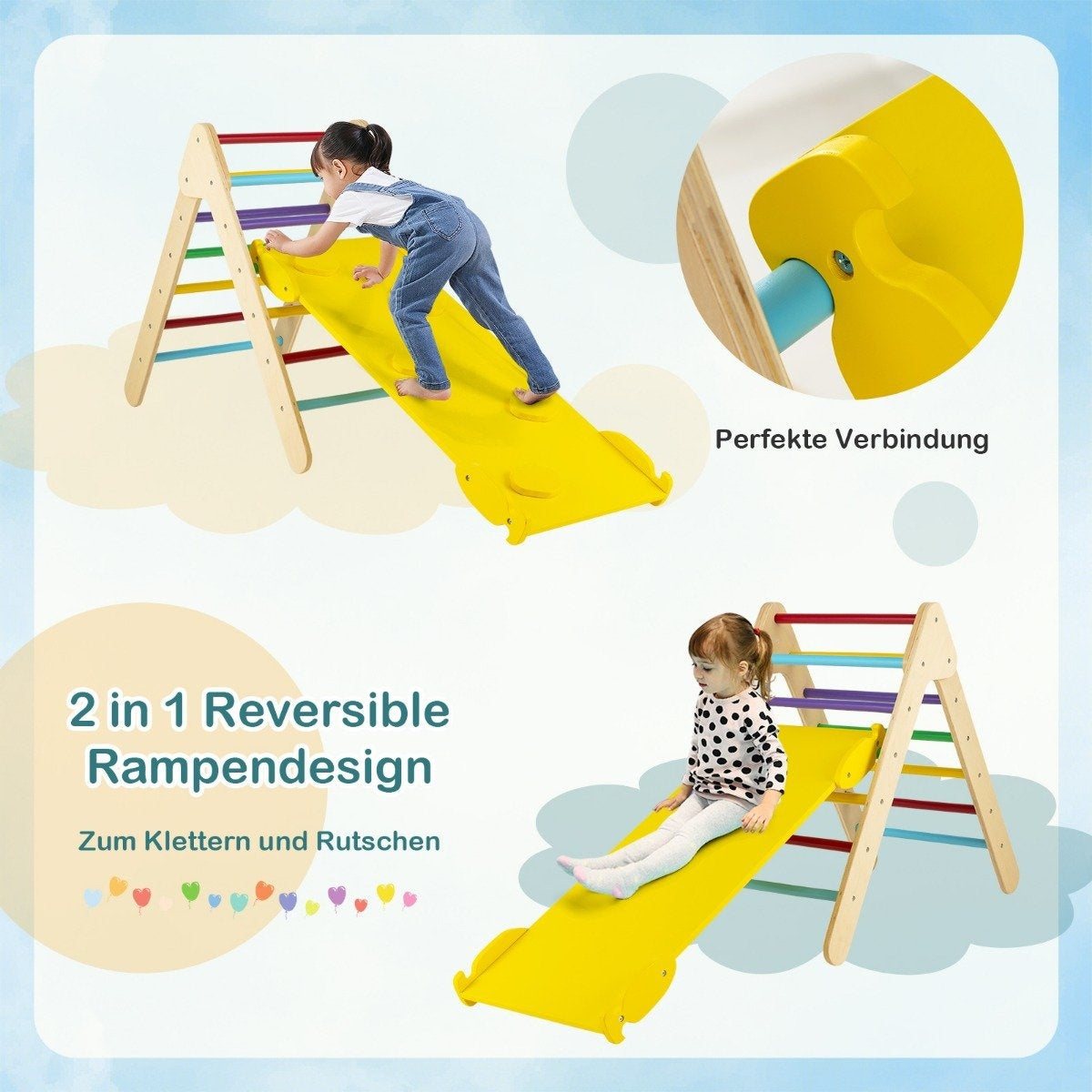Climbing triangle Triangular wooden climbing frame with ramp 86.5 x 48 x 73.5 cm Colorful