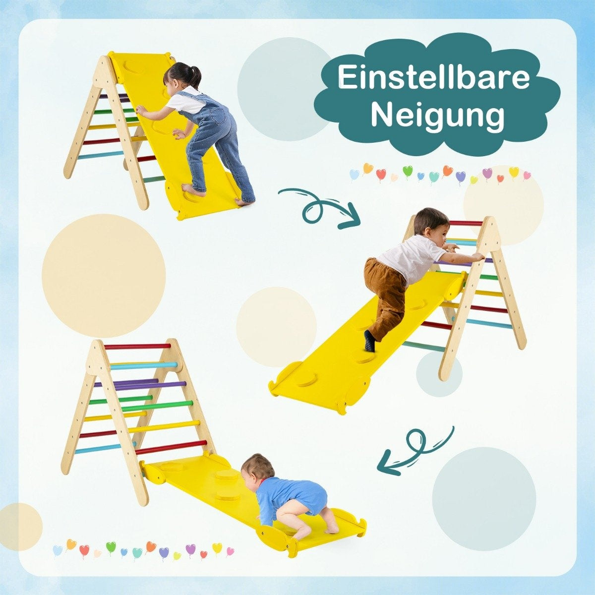 Climbing triangle Triangular wooden climbing frame with ramp 86.5 x 48 x 73.5 cm Colorful