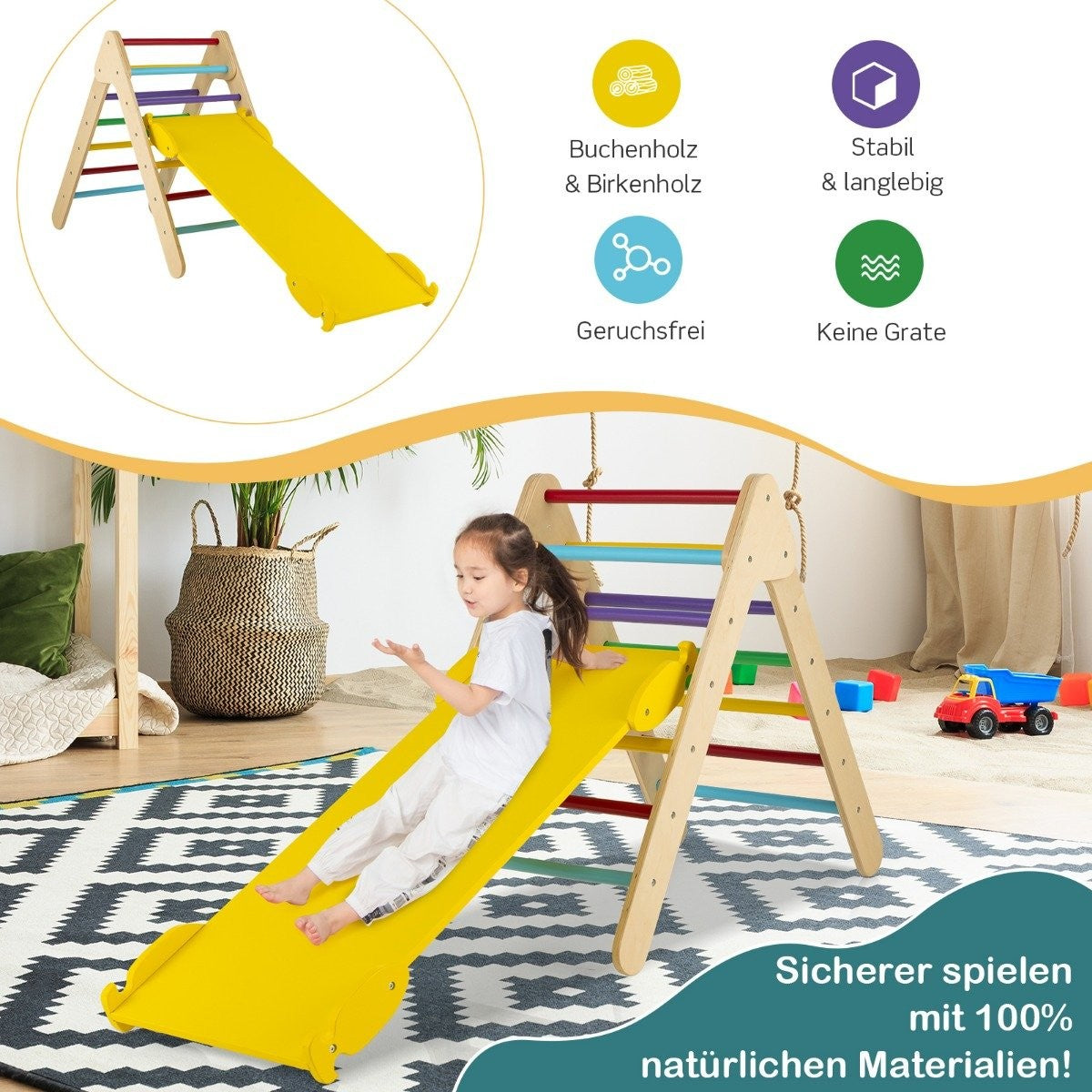 Climbing triangle Triangular wooden climbing frame with ramp 86.5 x 48 x 73.5 cm Colorful