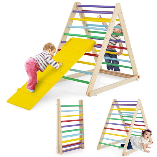 Climbing triangle with ladder. Foldable climbing frame. Rung triangle for development. Colorful