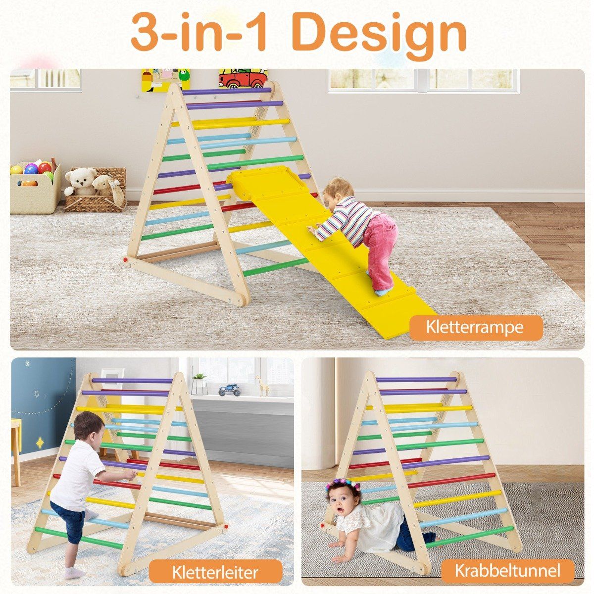 Climbing triangle with ladder. Foldable climbing frame. Rung triangle for development. Colorful