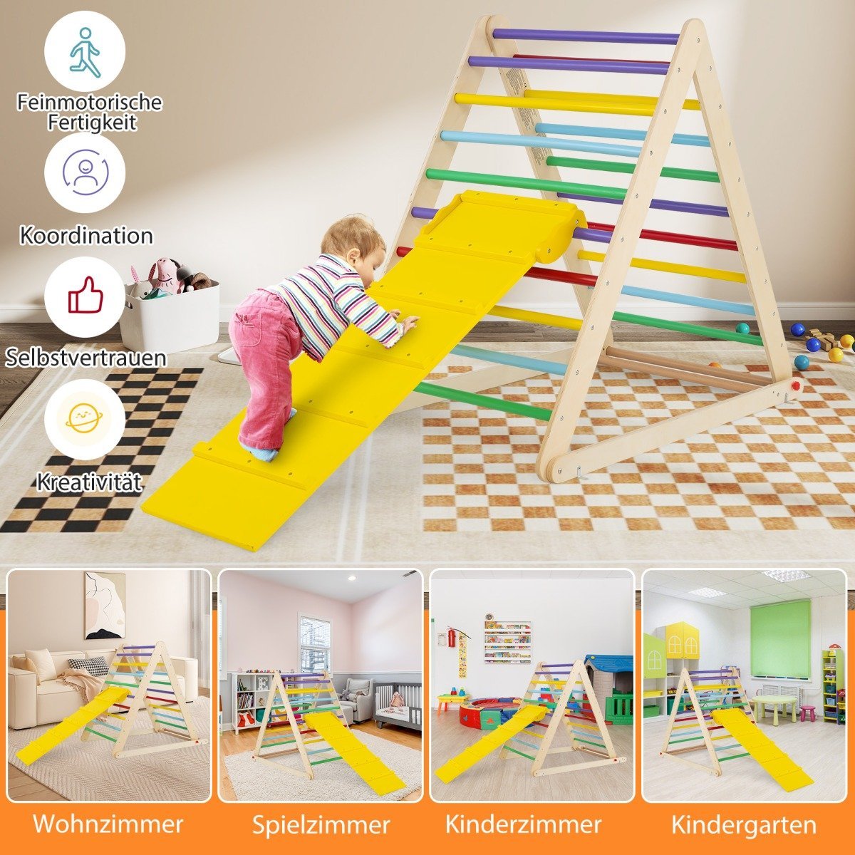 Climbing triangle with ladder. Foldable climbing frame. Rung triangle for development. Colorful