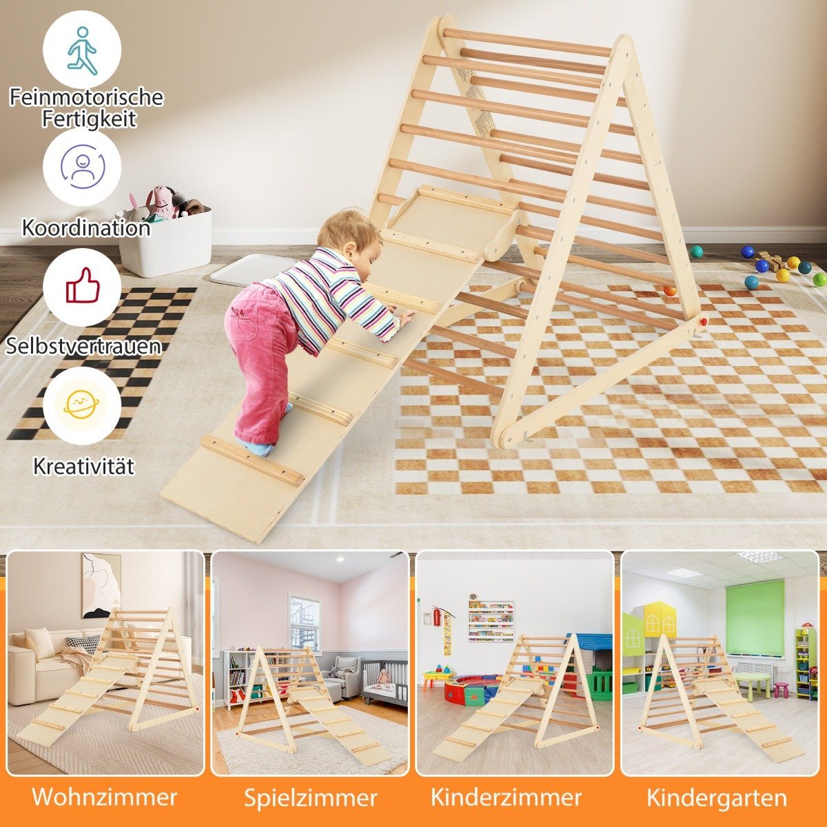 Climbing triangle with ladder. Foldable climbing frame, rung triangle for development in nature