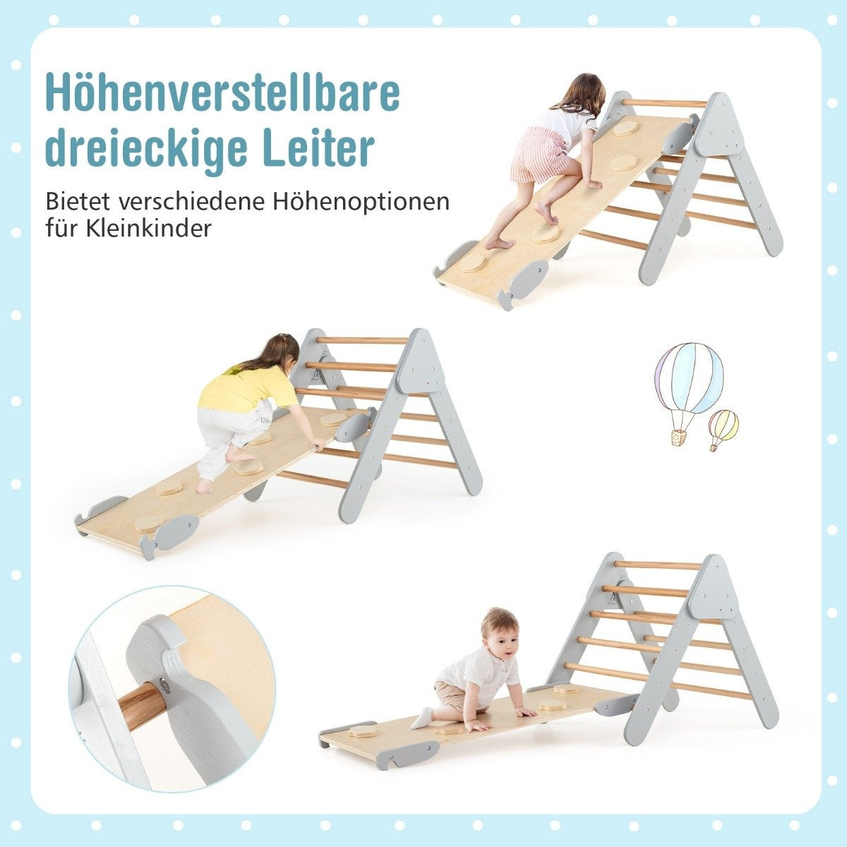 Climbing triangle with slide, climbing arch including double-sided ramp, grey