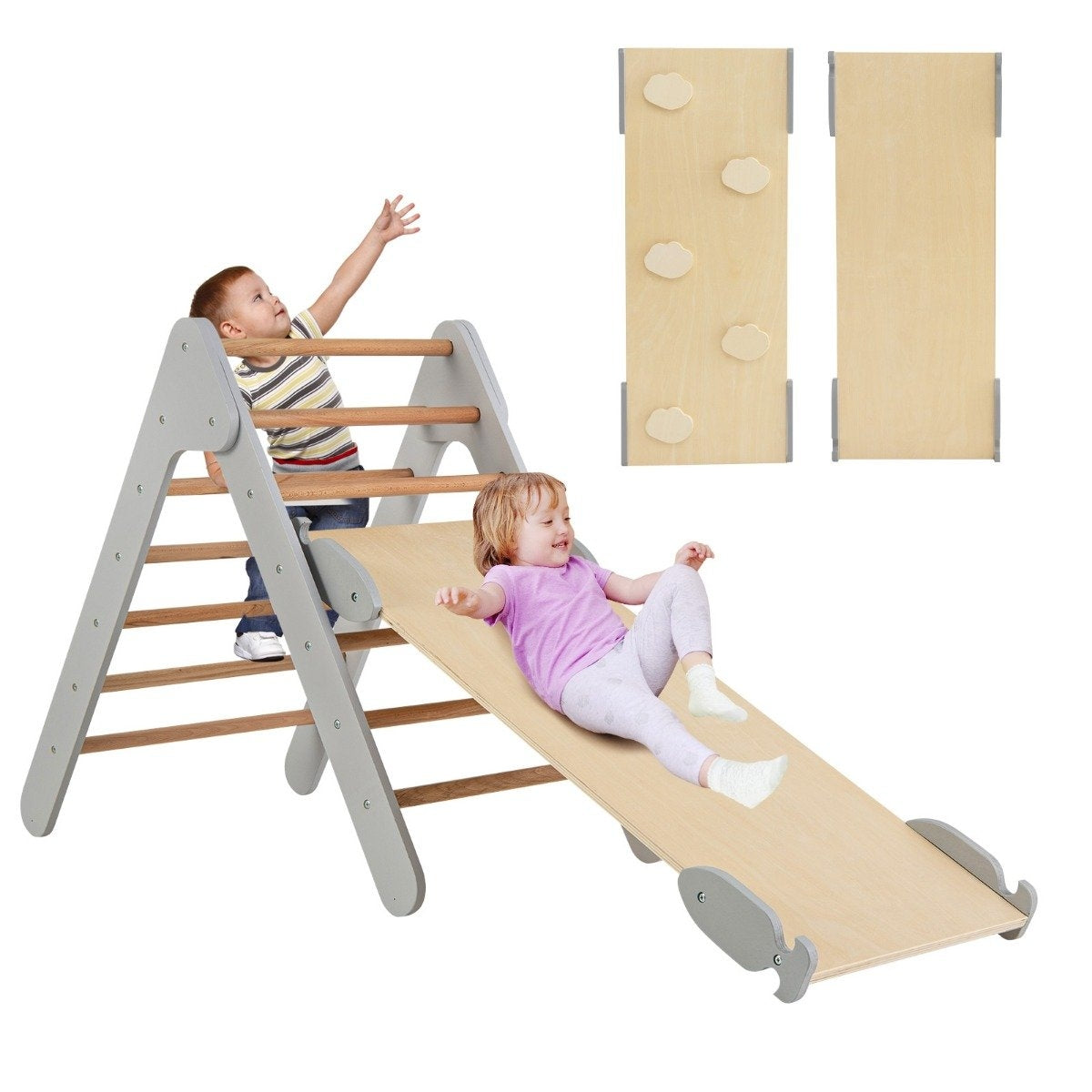 Climbing triangle with slide, climbing frame, indoor from 1 year, rung triangle climbing ramp made of wood, grey