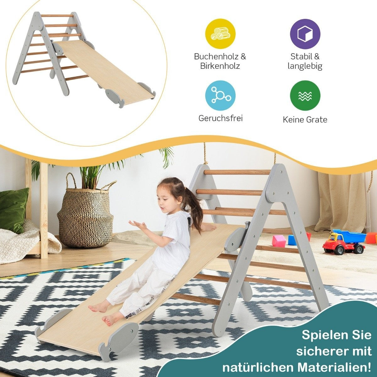 Climbing triangle with slide, climbing frame, indoor from 1 year, rung triangle climbing ramp made of wood, grey