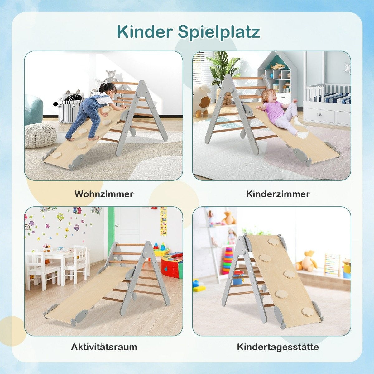 Climbing triangle with slide, climbing frame, indoor from 1 year, rung triangle climbing ramp made of wood, grey