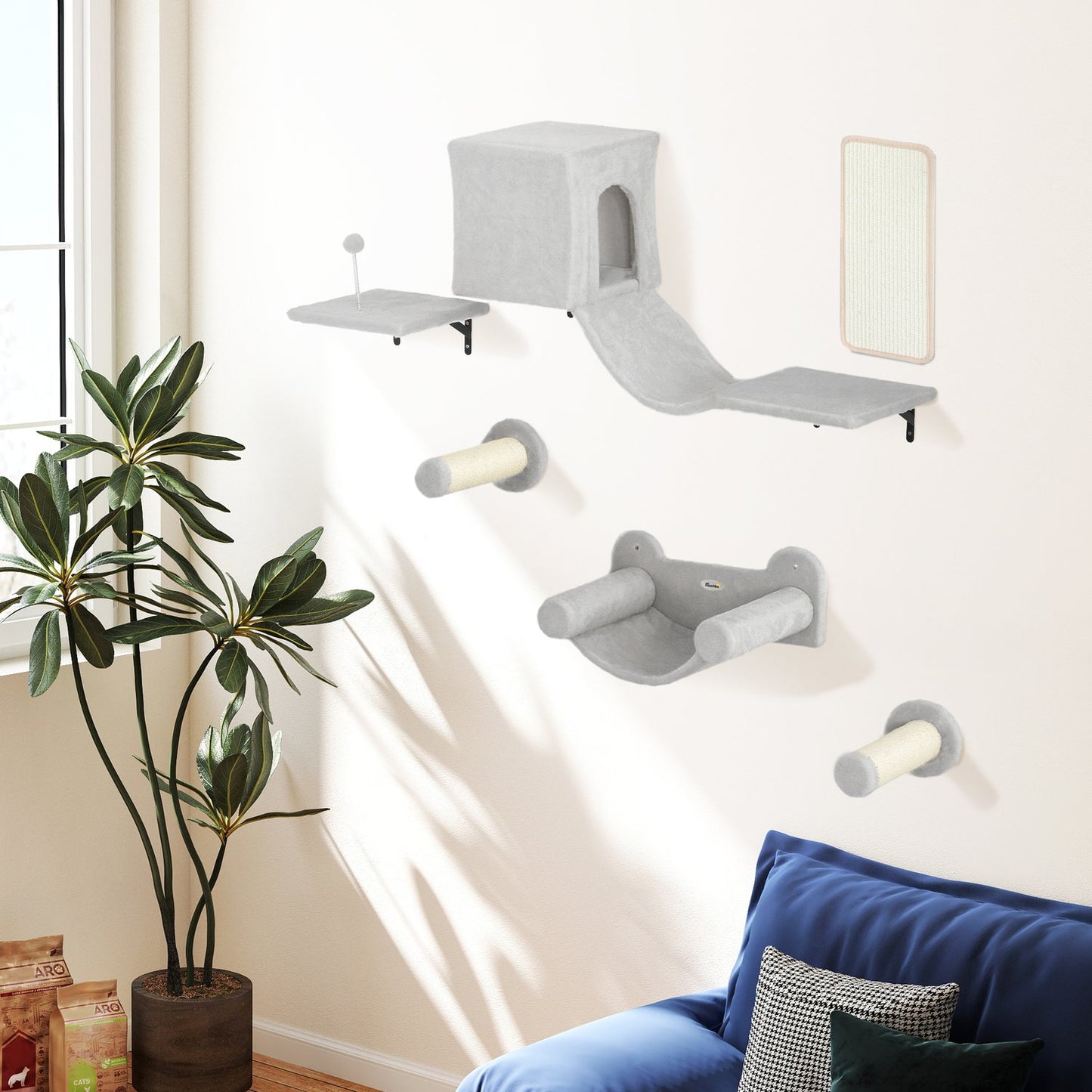 Cat Climbing Wall Set, 6-Piece with Condo & Hammock