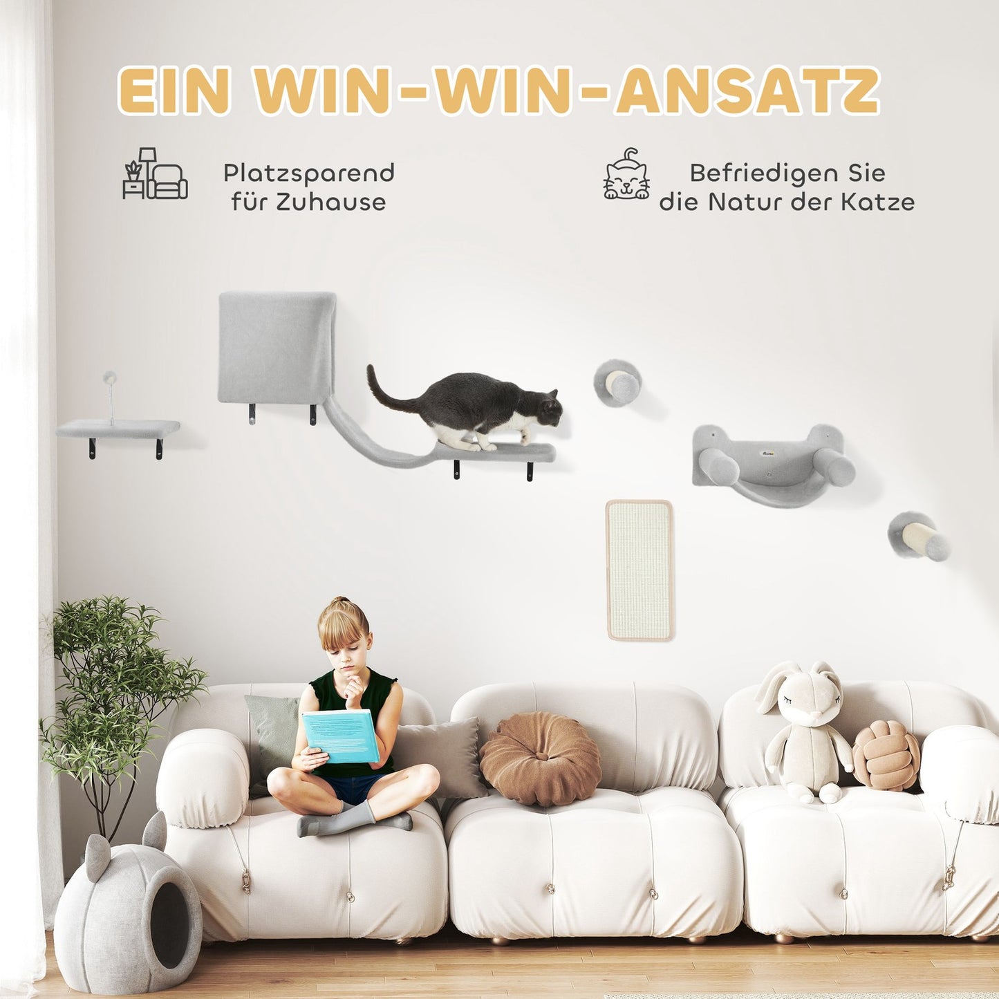 Cat Climbing Wall Set, 6-Piece with Condo & Hammock