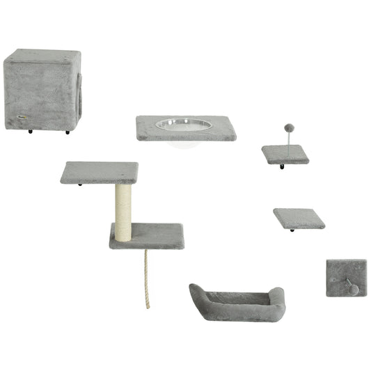 Climbing wall for cats 7-piece cat climbing wall set with cat house, platform, platform gray