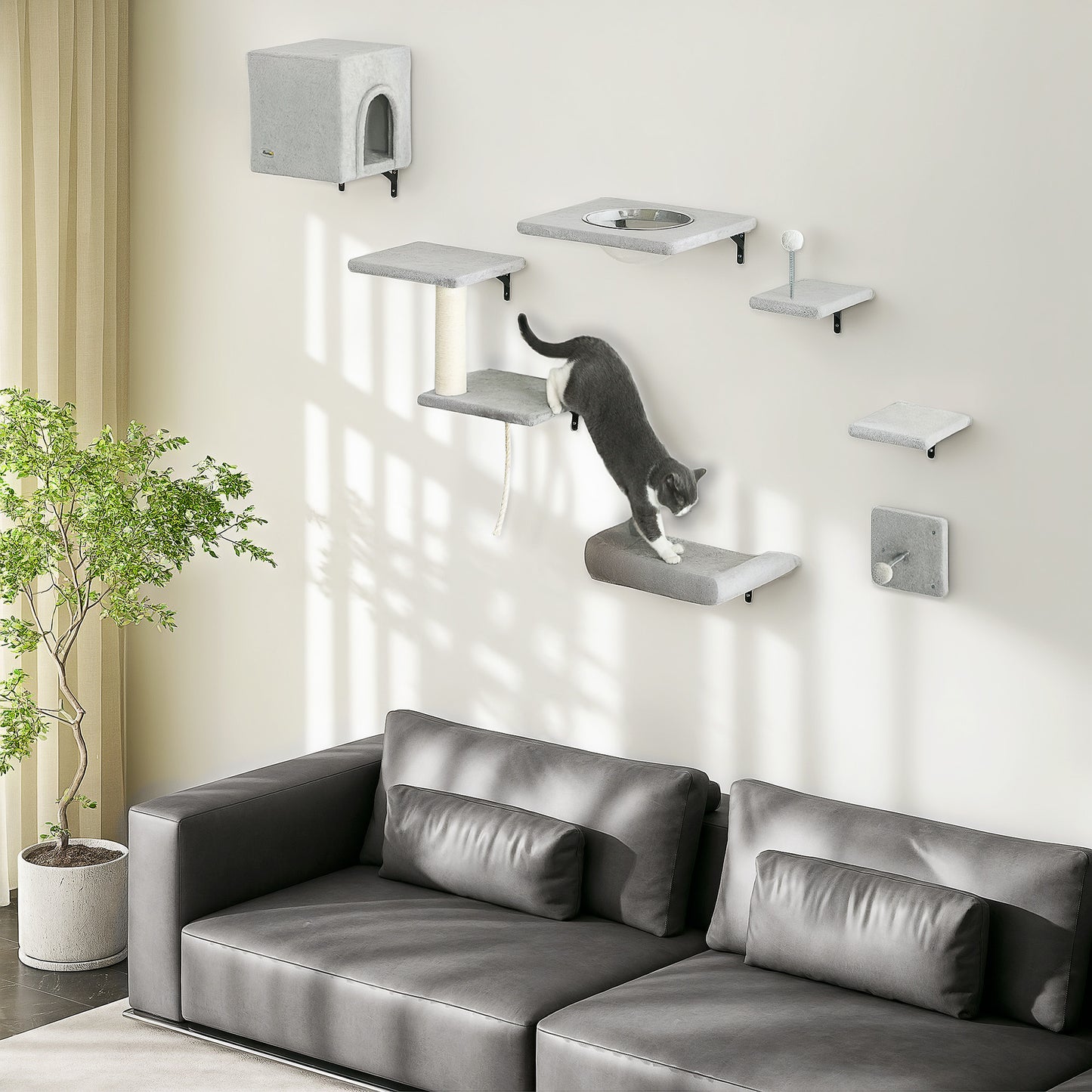 Climbing wall for cats 7-piece cat climbing wall set with cat house, platform, platform gray