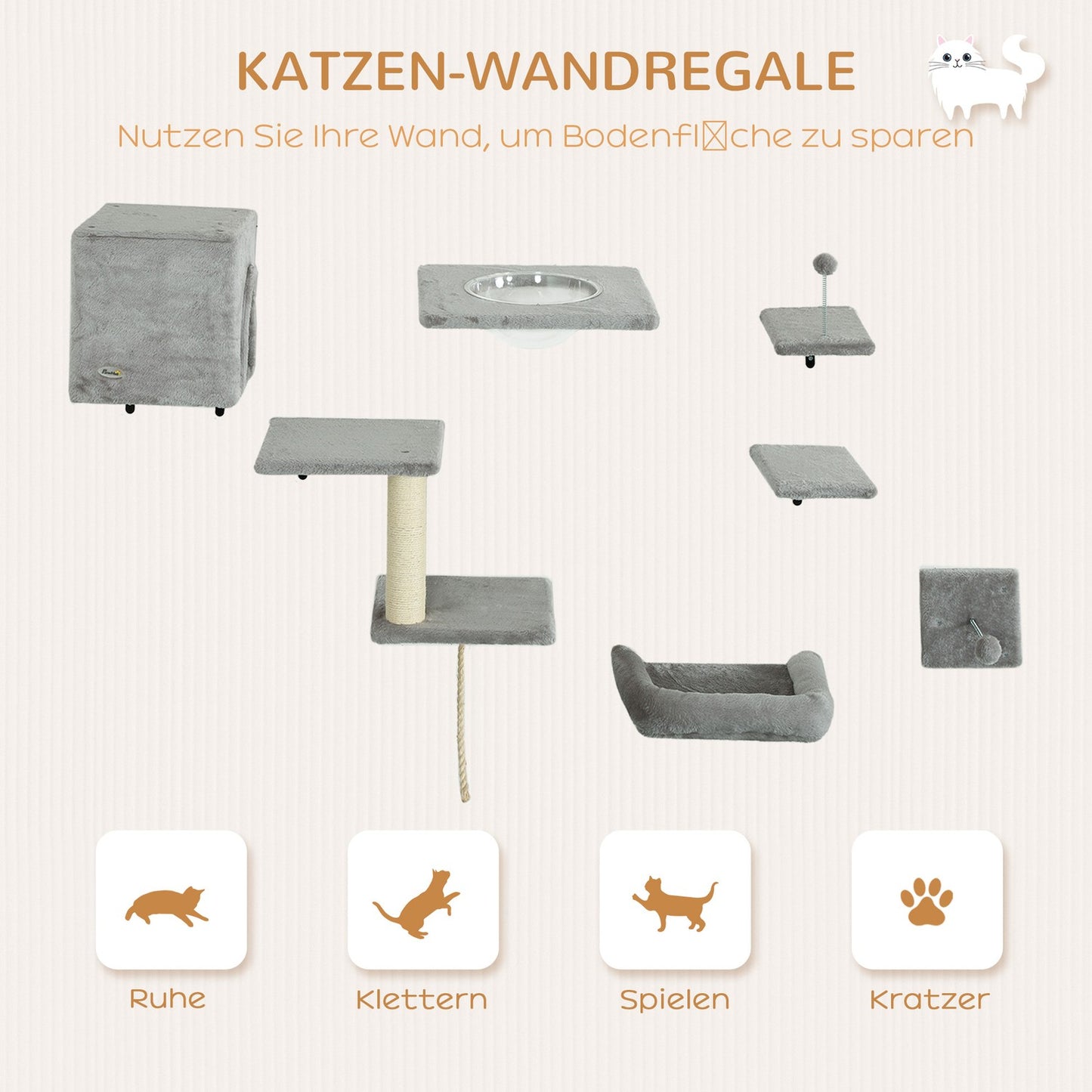 Climbing wall for cats 7-piece cat climbing wall set with cat house, platform, platform gray