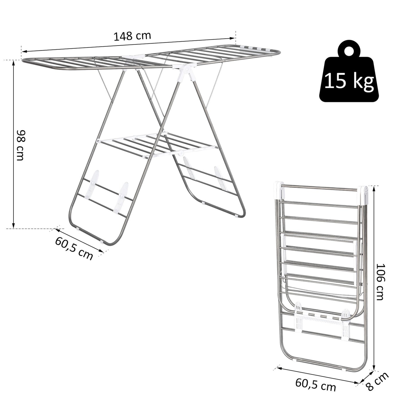 Foldable clothes airer with telescopic rods, silver/white