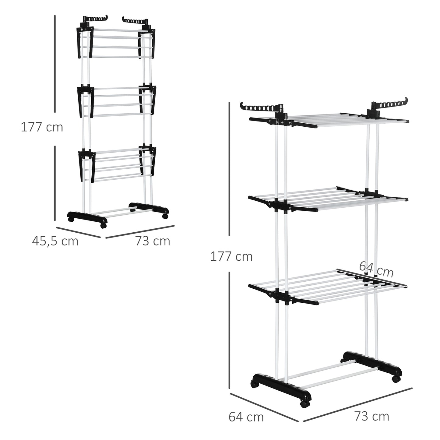 Retractable Black Tower Clothes Airer with wheels 4 levels