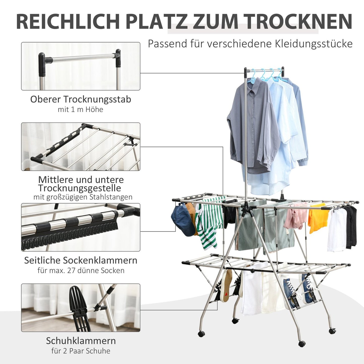 Large collapsible clothes airer with telescopic rods