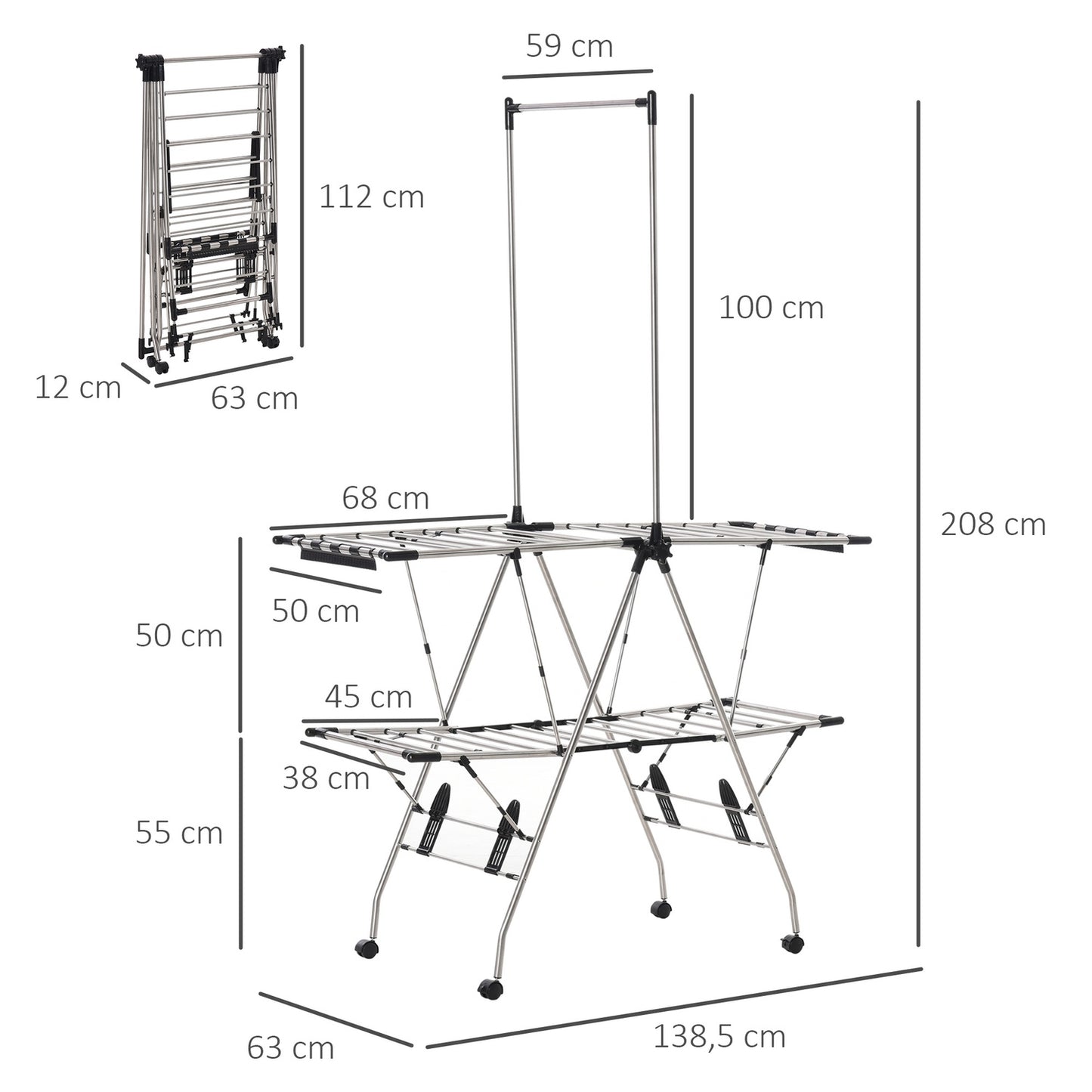 Large collapsible clothes airer with telescopic rods