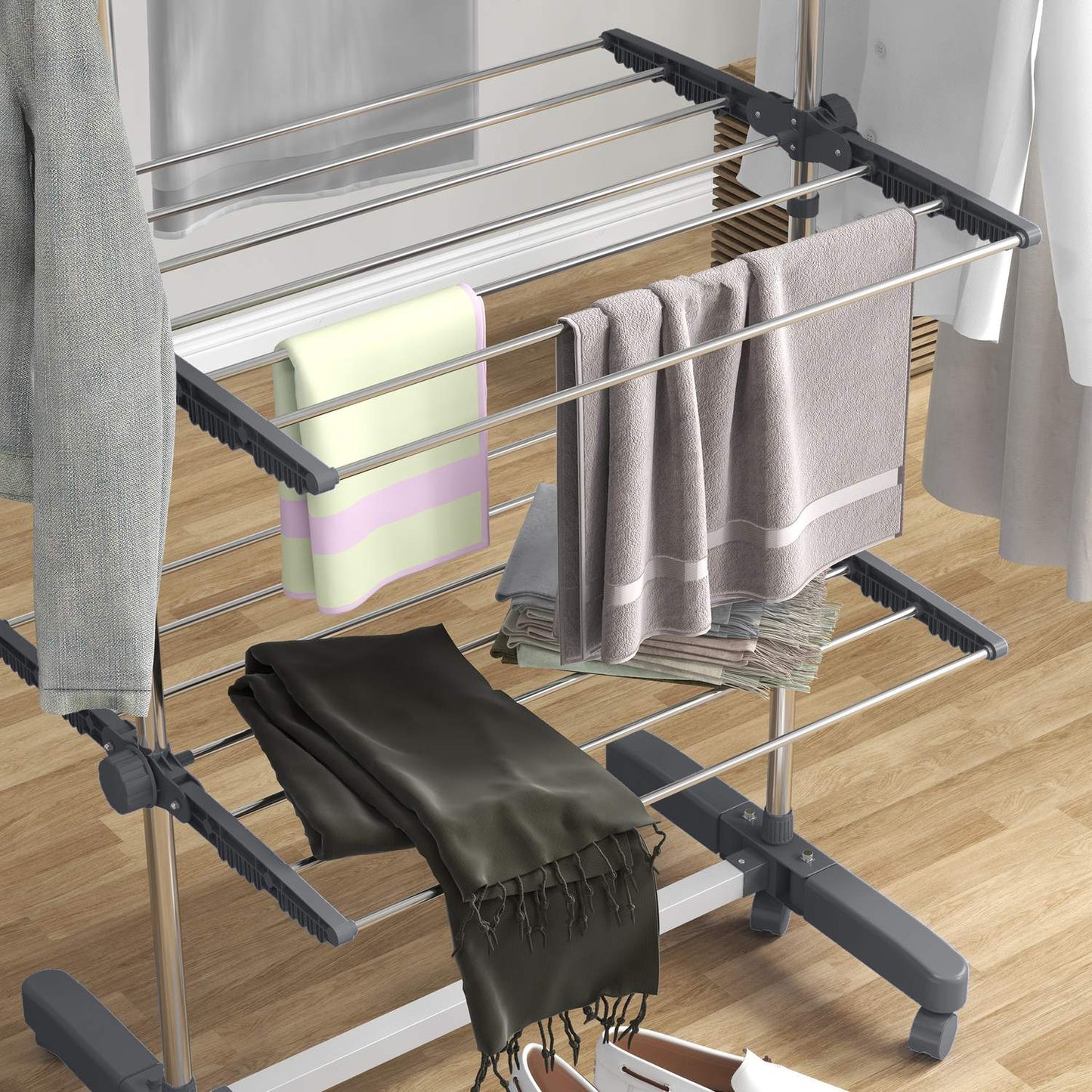 Steel clothes airer, folding wing dryer tower with wheels