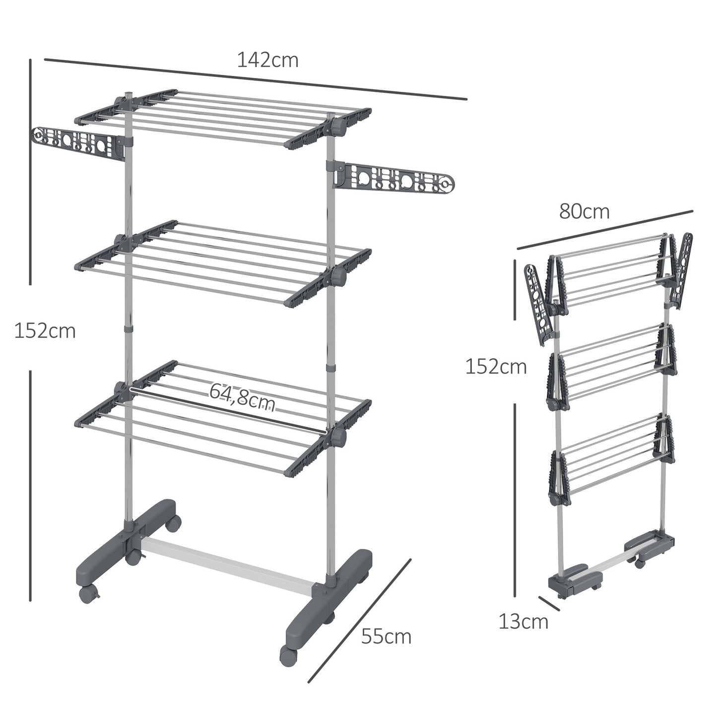 Folding clothes air tower with wheels, 3 levels, steel