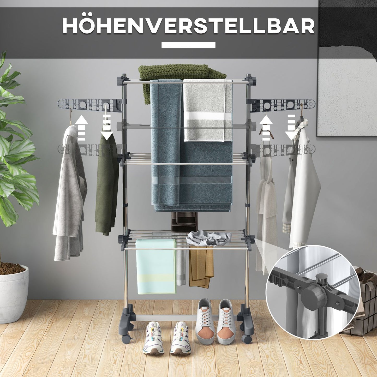 Folding clothes air tower with wheels, 3 levels, steel
