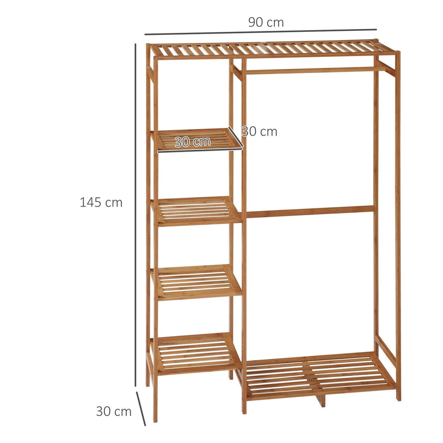 Bamboo clothes hanger with rail and shelf, natural wood