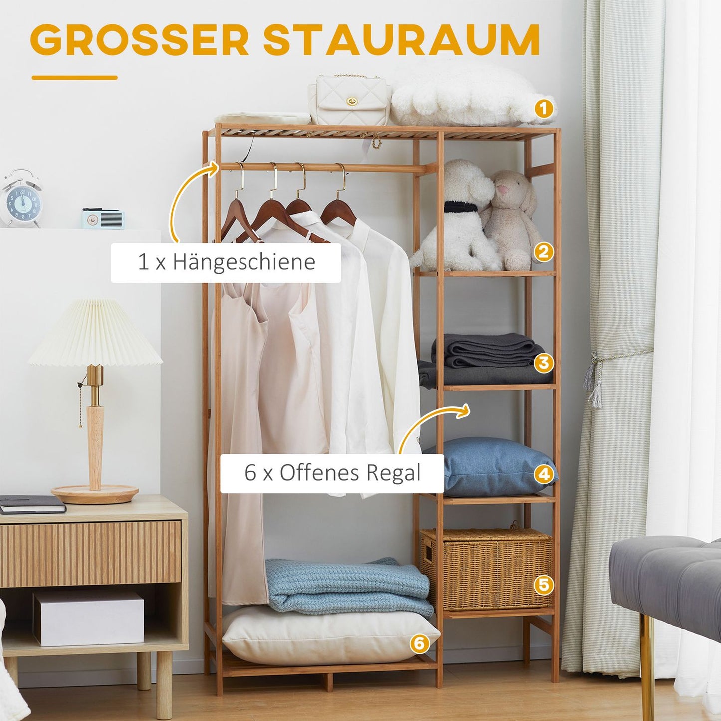Bamboo clothes hanger with rail and shelf, natural wood