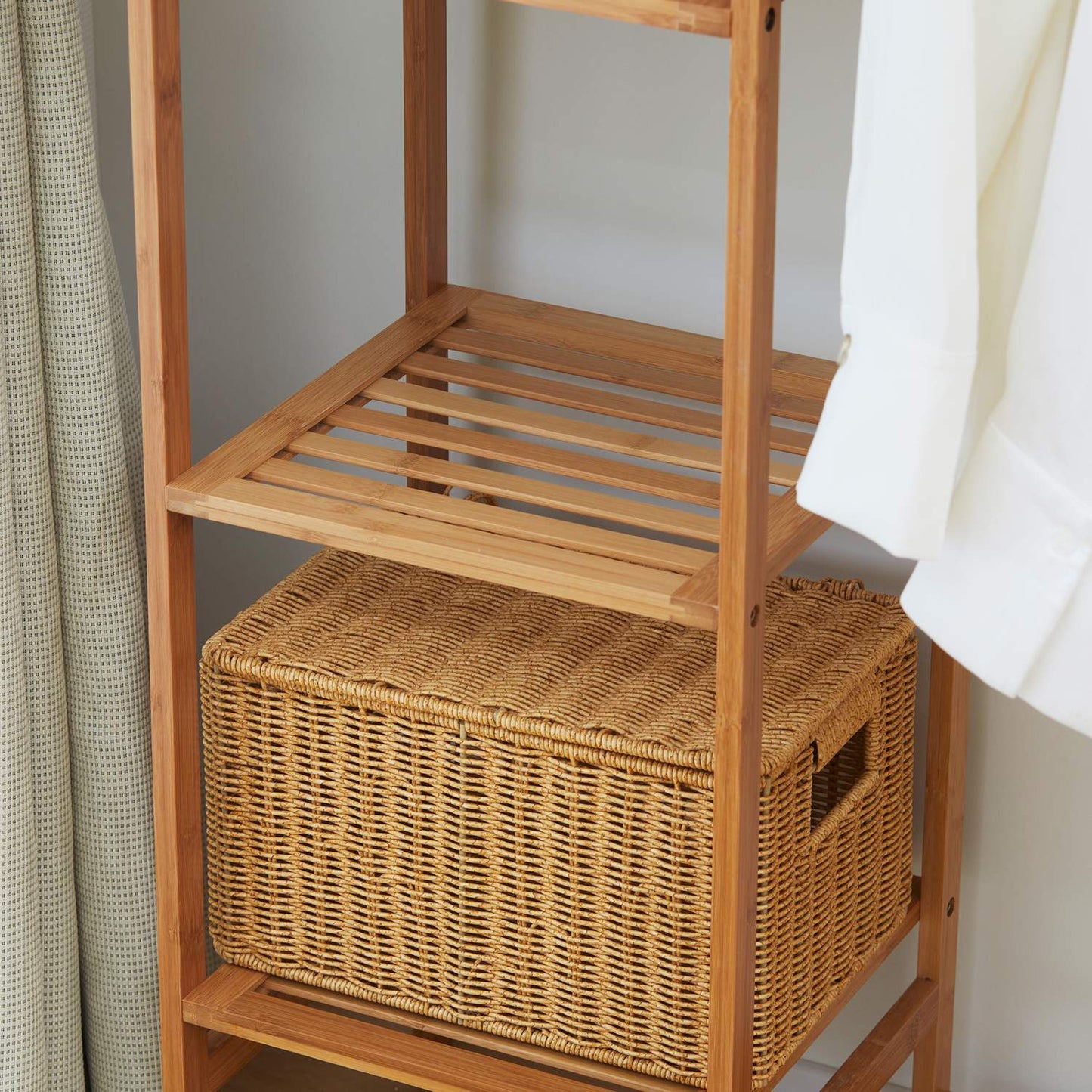Bamboo clothes hanger with rail and shelf, natural wood