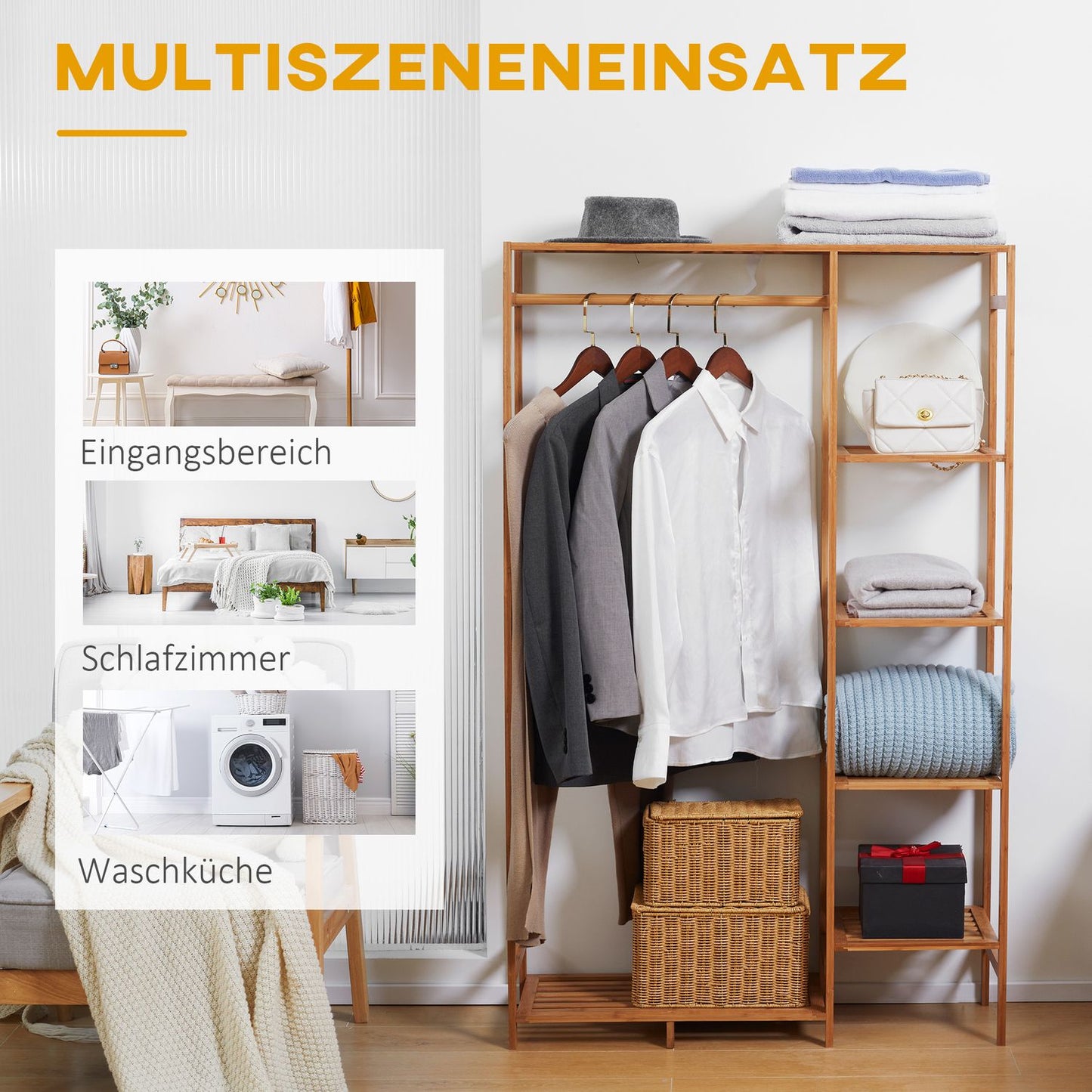 Bamboo clothes hanger with rail and shelf, natural wood