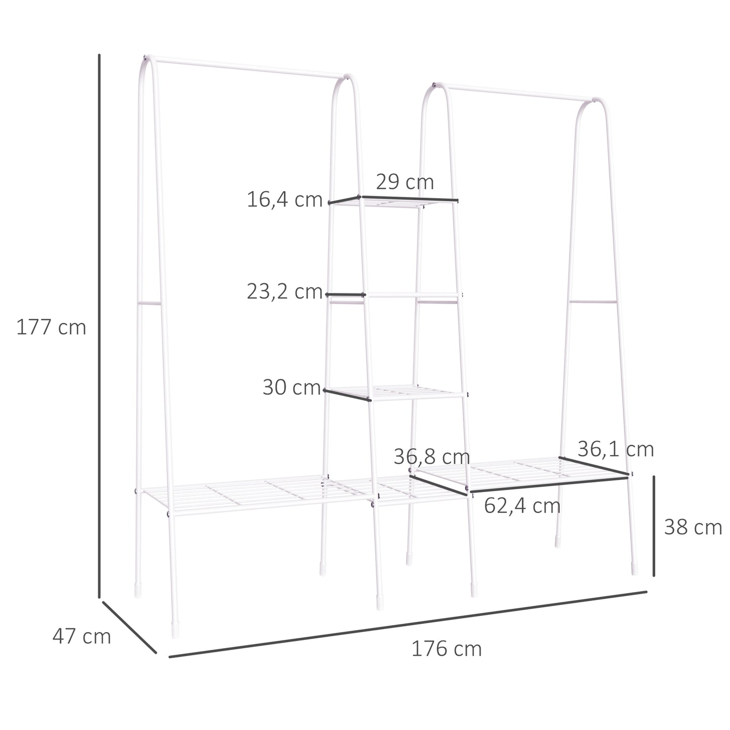 Freestanding coat rack in steel with shoe storage, white