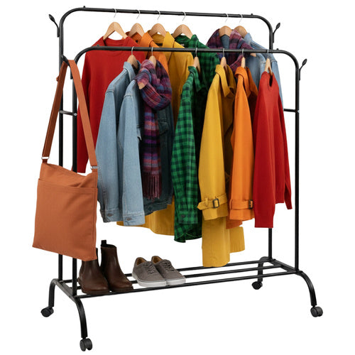 Clothes Rack on Wheels with Shelf & Hooks, Black