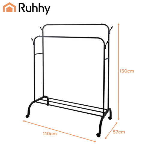 Clothes Rack on Wheels with Shelf & Hooks, Black