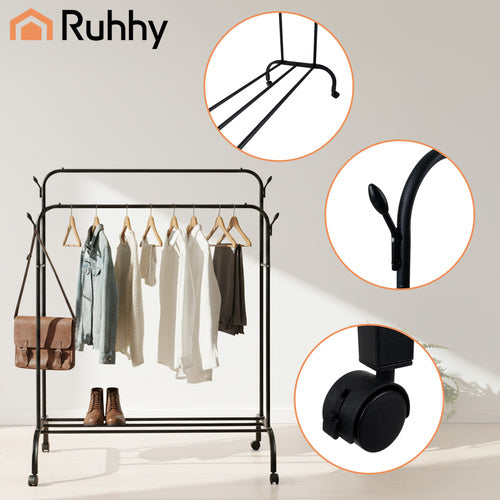 Clothes Rack on Wheels with Shelf & Hooks, Black
