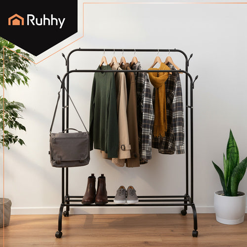 Clothes Rack on Wheels with Shelf & Hooks, Black