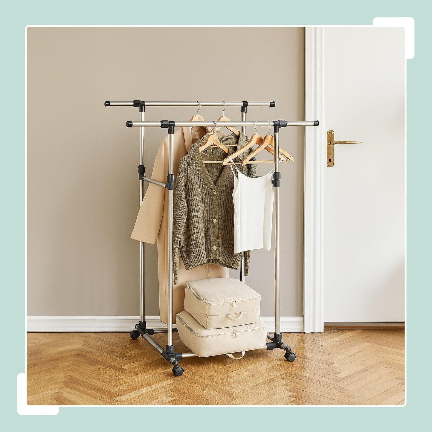 Clothes Rack with Adjustable Rails and Wheels