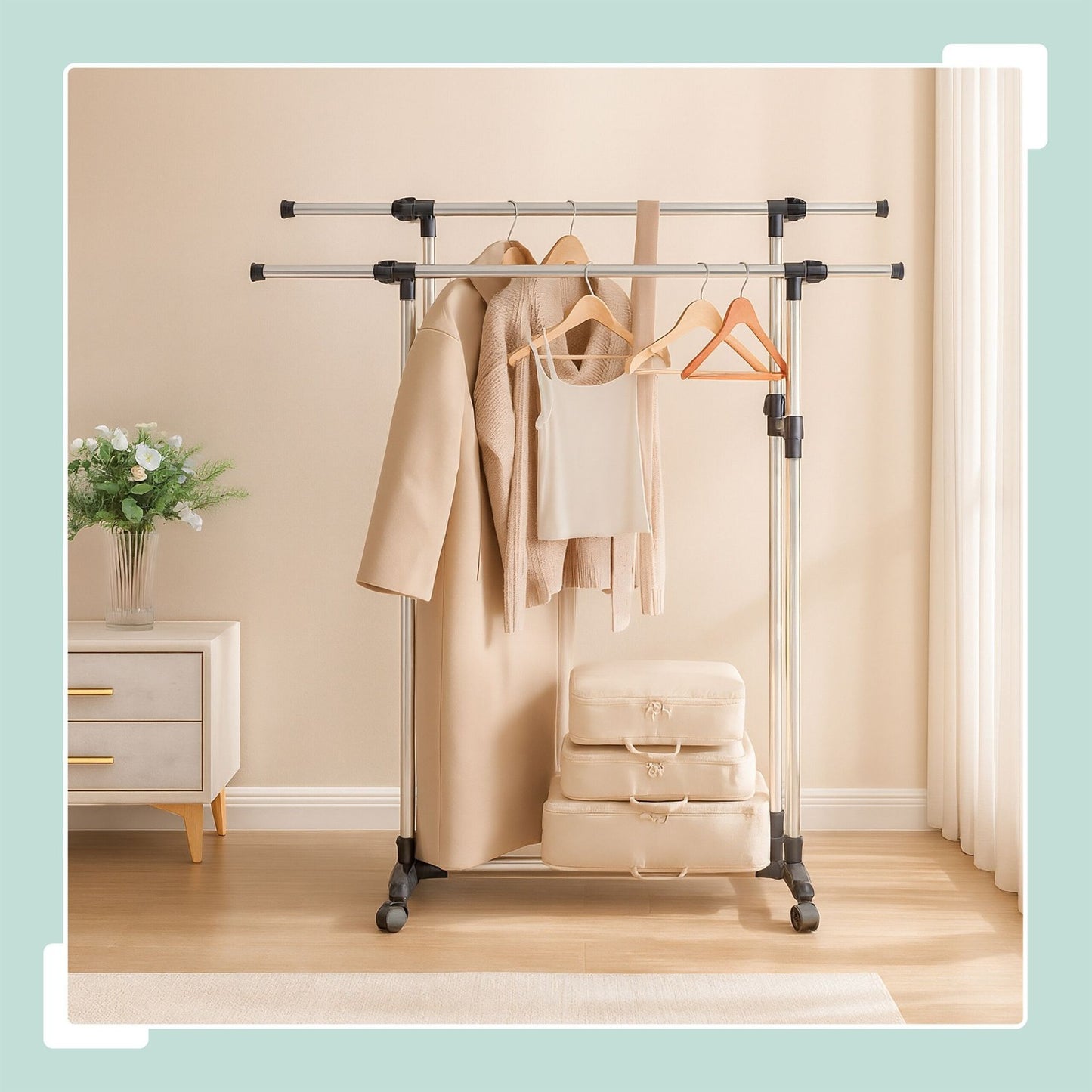 Clothes Rack with Adjustable Rails and Wheels