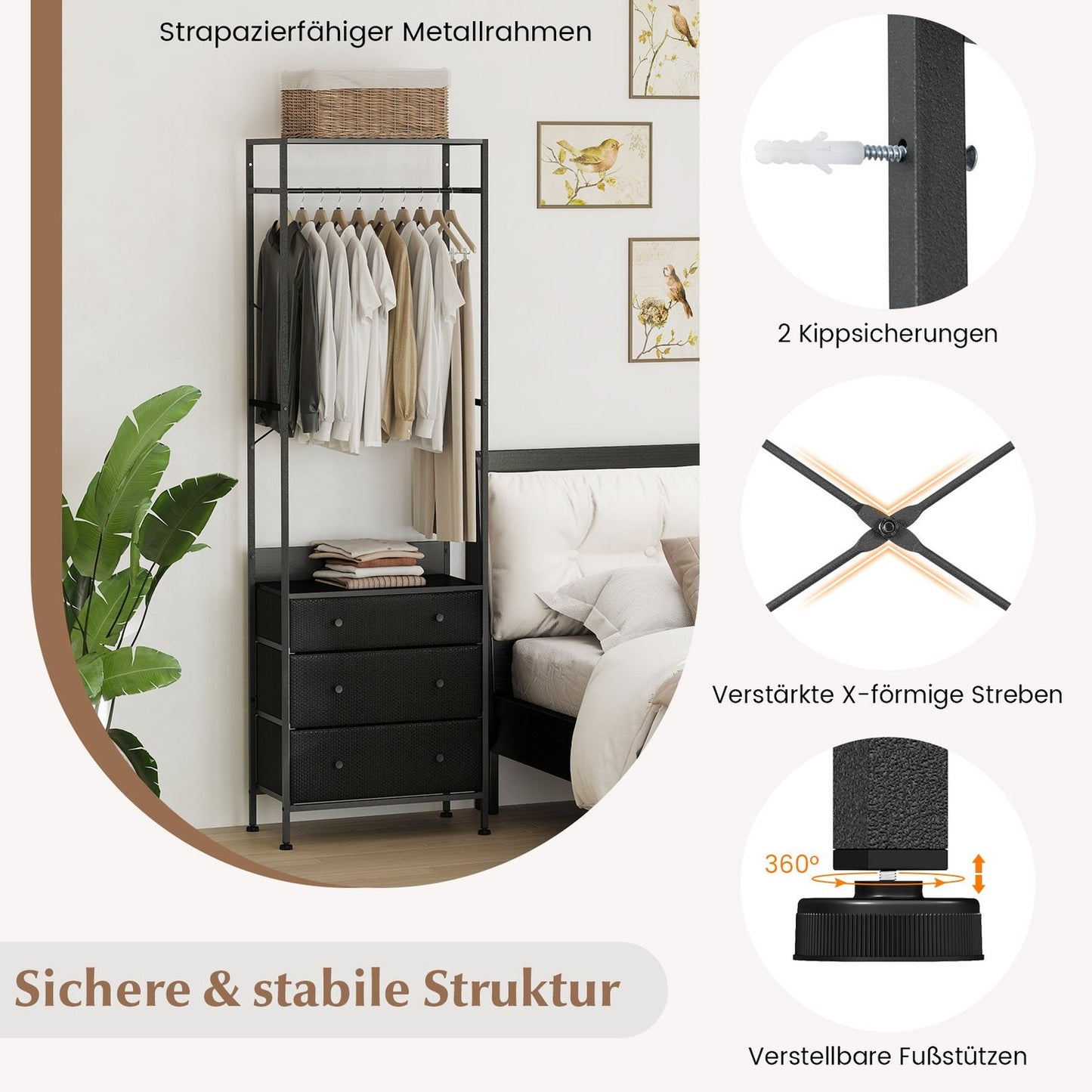 Clothes Rack with Drawers & Adjustable Rod – Black