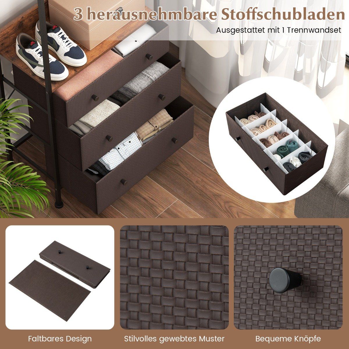 Clothes Rack with Drawers, Adjustable Rod & Shelves