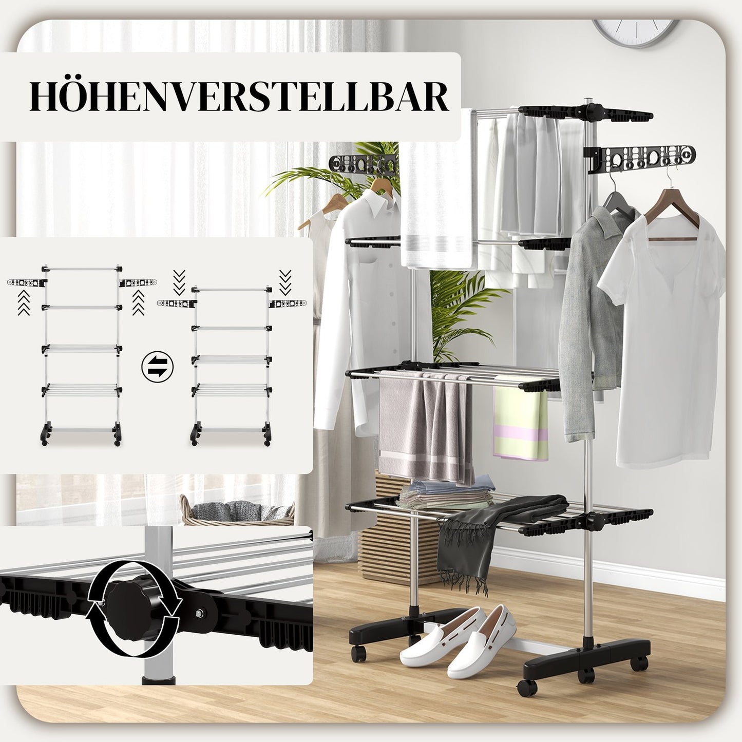 Clothes airer with wheels, folding wings - steel, 142 x 55 x 172 cm