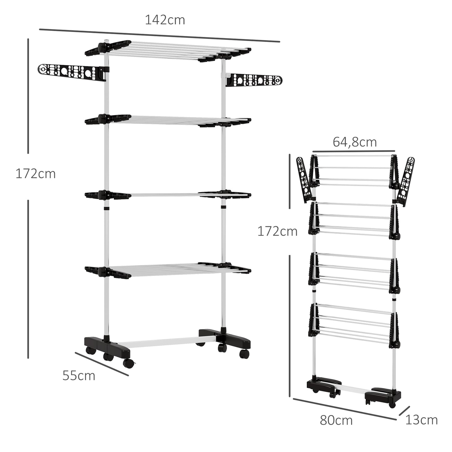 Clothes airer with wheels, folding wings - steel, 142 x 55 x 172 cm