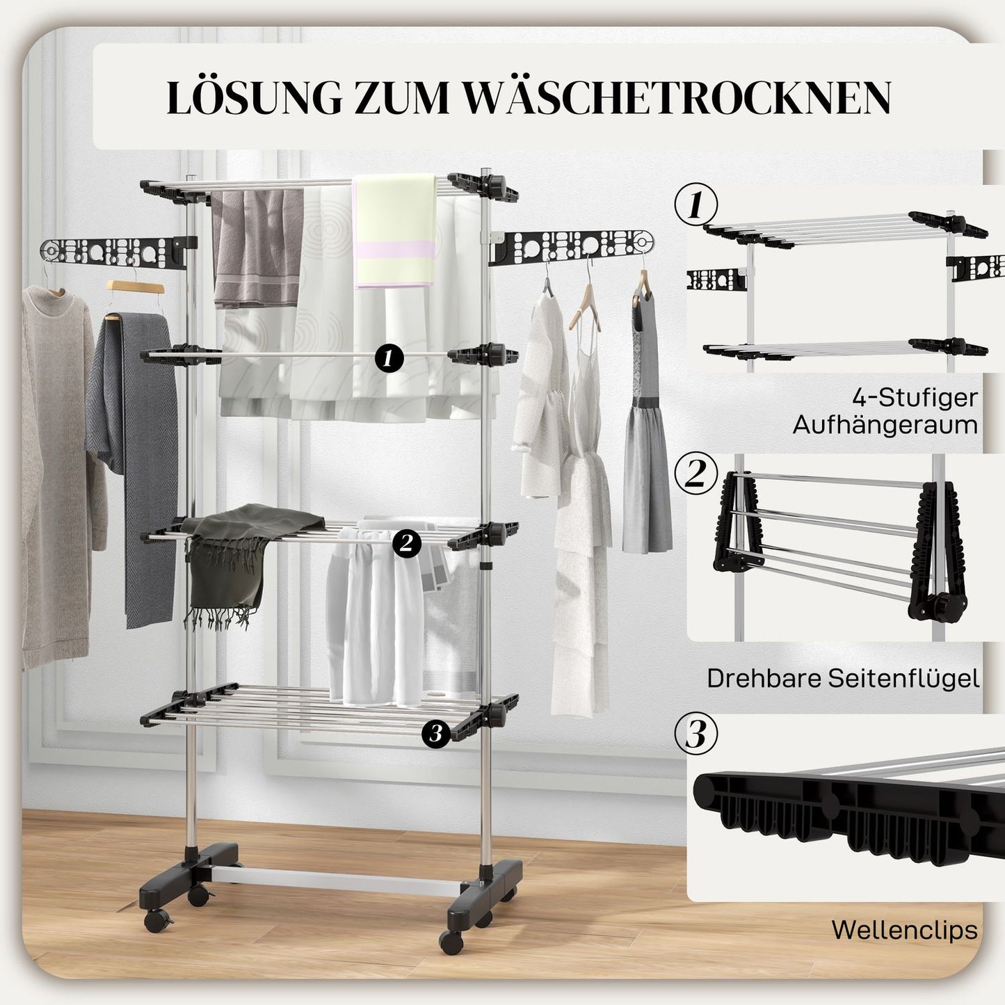 Clothes airer with wheels, folding wings - steel, 142 x 55 x 172 cm